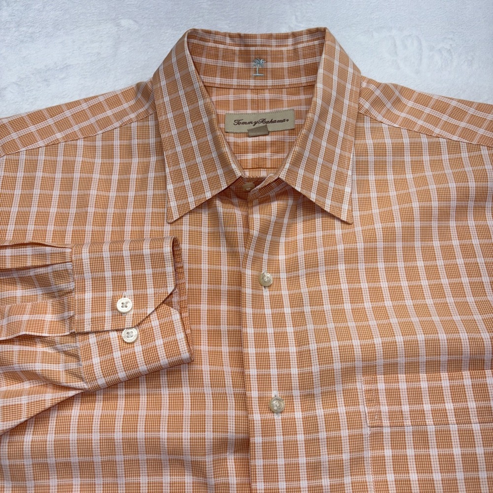 Tommy Bahamas Shirt Mens XL 16 x 32/33 Orange Plaid Dress Casual Long Sleeve